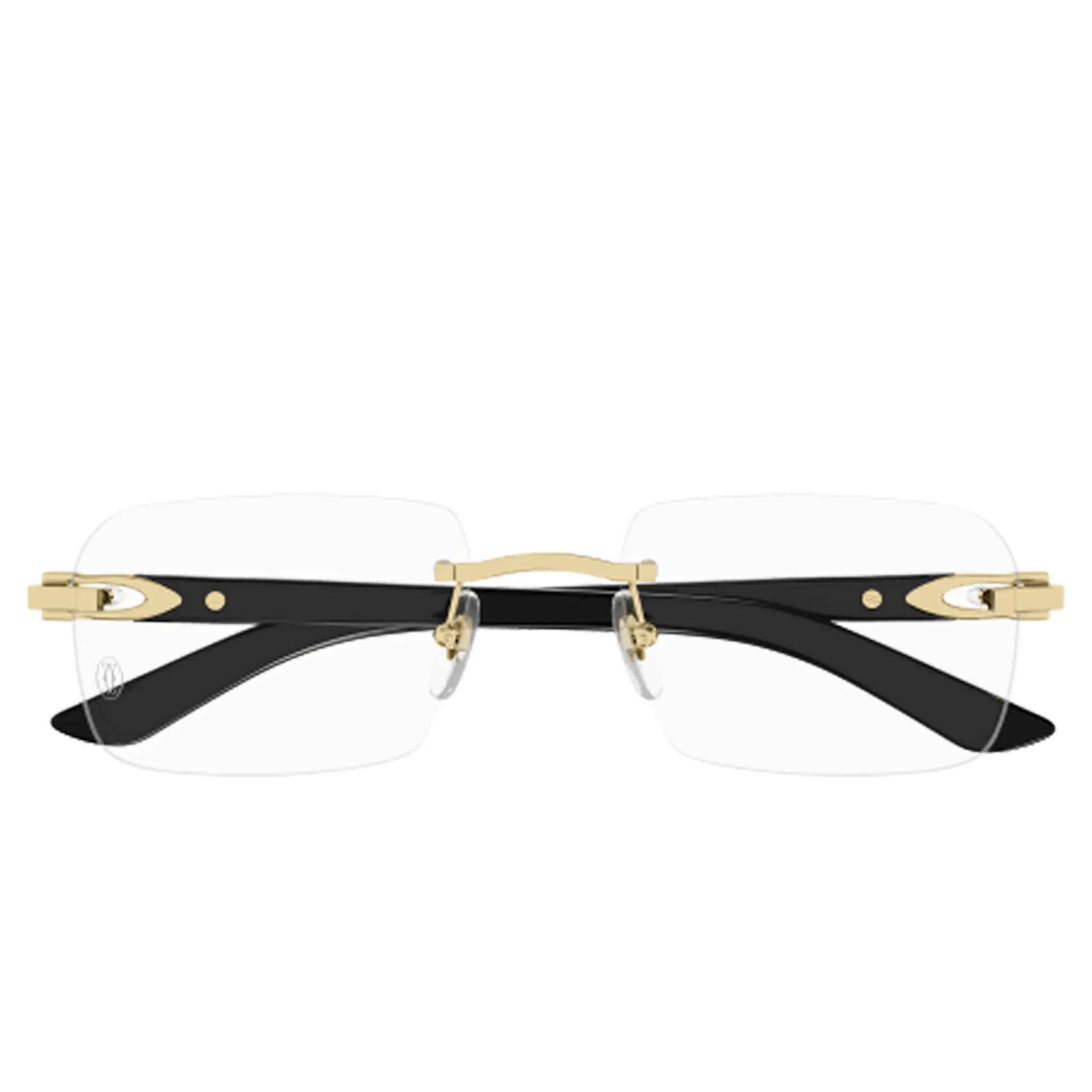 Front View of Cartier Eyewear CT0453O-001 Transparent Black Gold Rimless Sunglasses